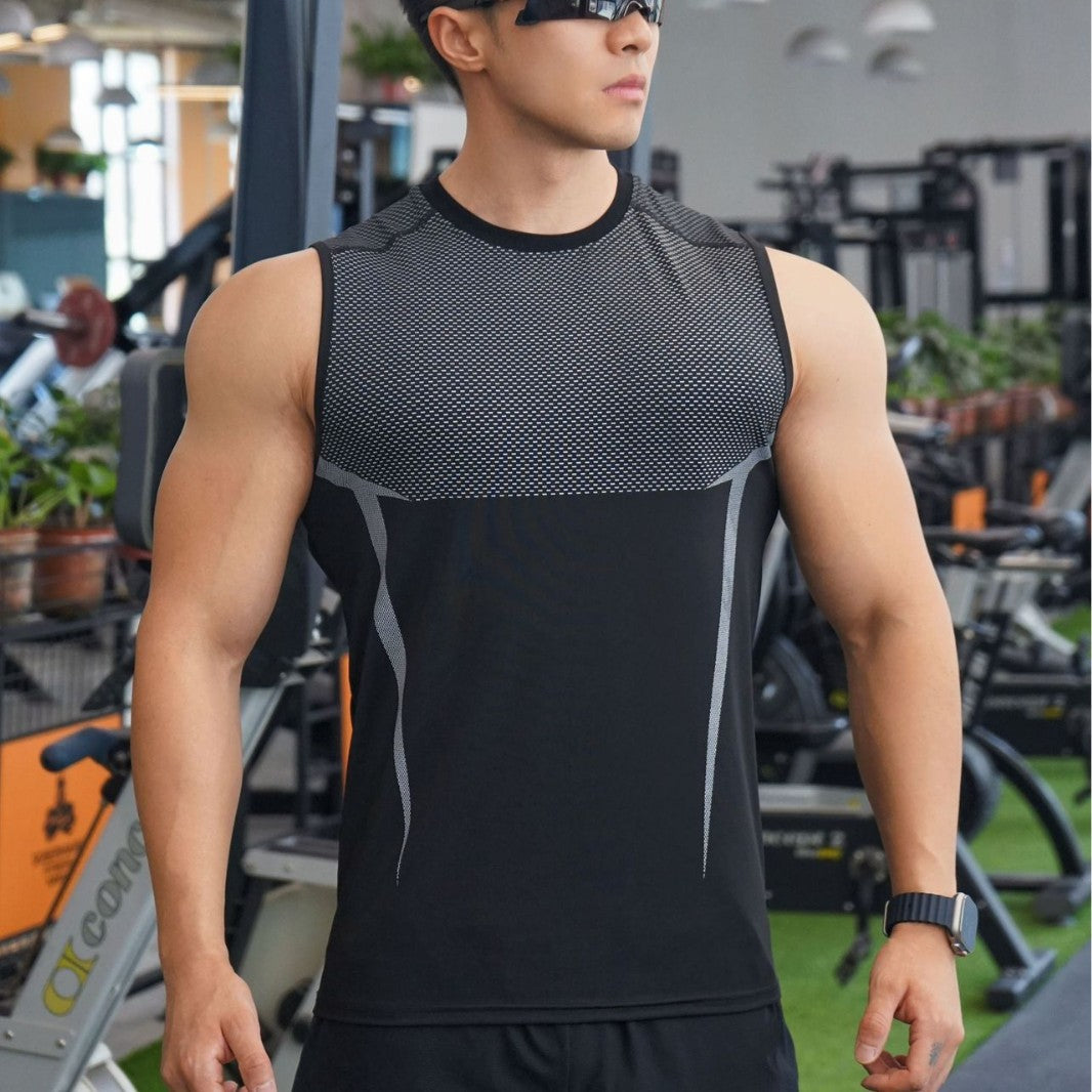 Men's Outdoor Running Training Sports Fitness Stretch Printed Breathable Solid-Color Top For Weightlifting