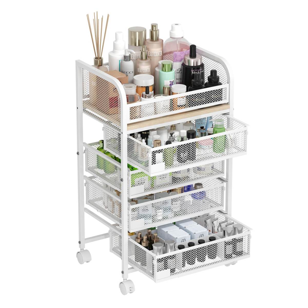 Makeup Organizer With 4 Drawers, Skincare Storage, Floor Skincare Organizers With Wheels Nameplates,Vanity Cosmetic Holder For Perfume, Nail Polish, Brushes, White
