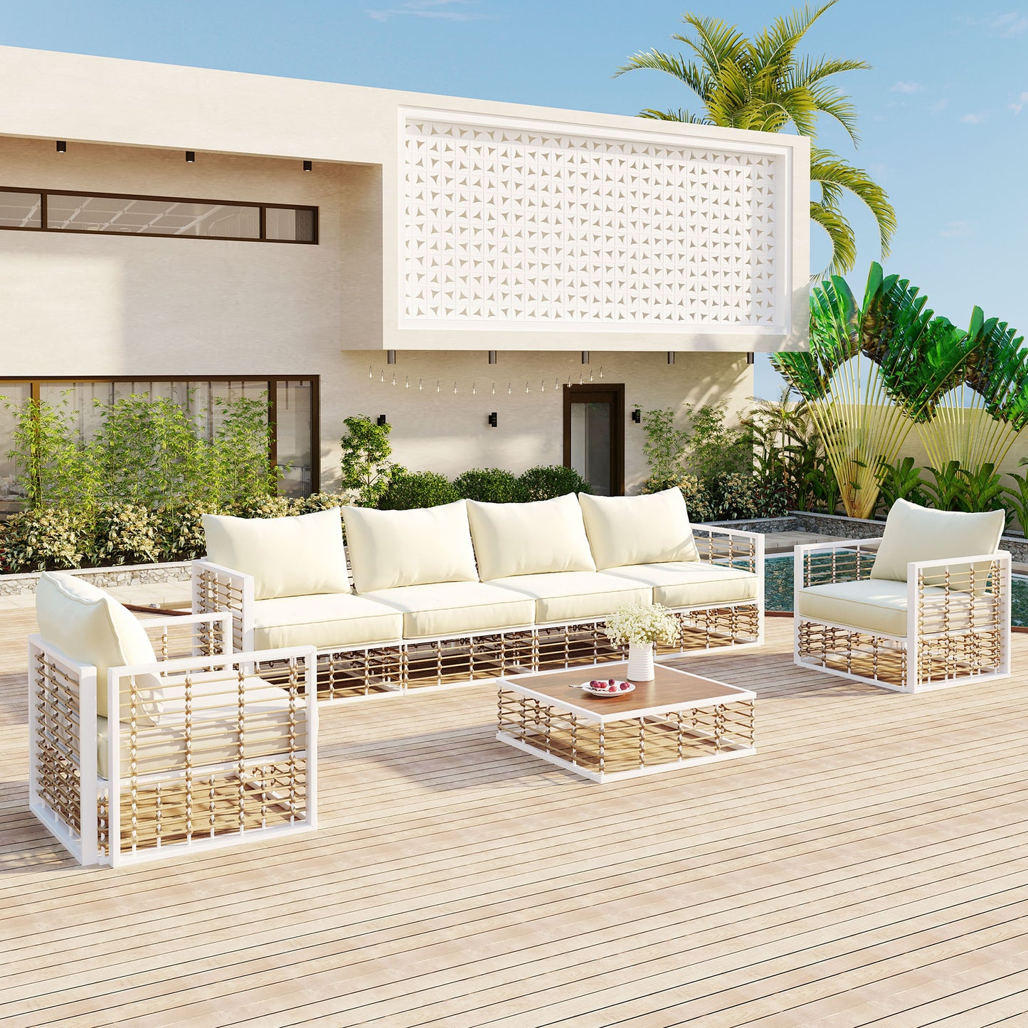 TOPMAX Modern Minimalist 7-Piece Metal Patio Sectional Sofa Set, All-Weather Garden Conversational Furniture Set With Thick Cushions And Coffee Table For Indoor Outdoor, White