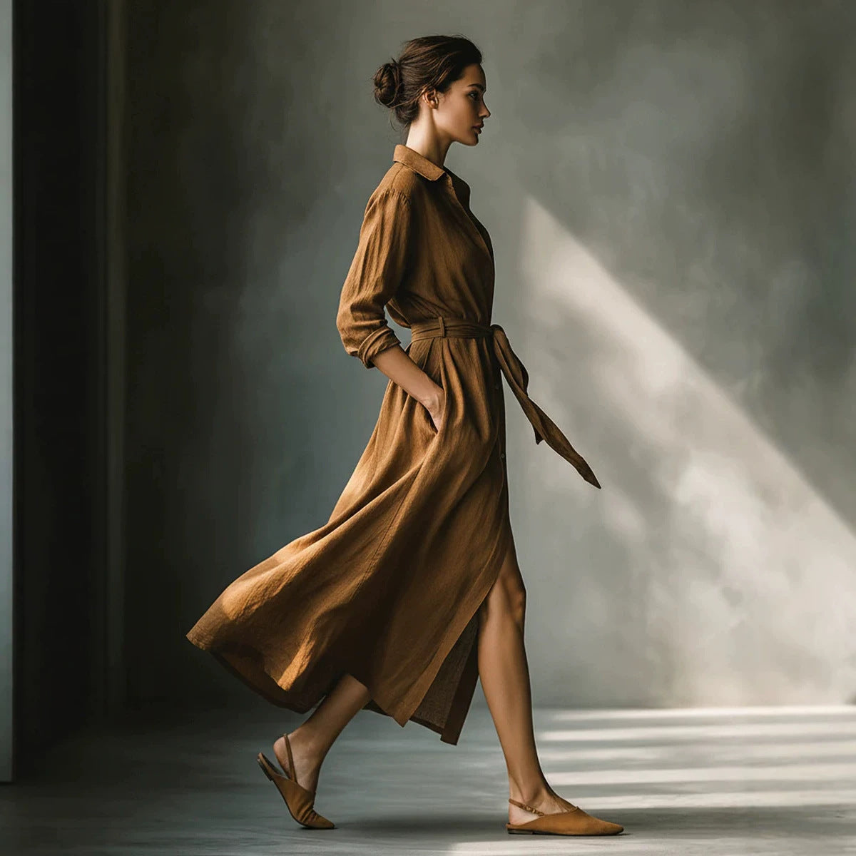 Elegant Long Shirt Collar Dress - Women's Casual Long Sleeve Midi Dress with Button Down Front for Office Wear