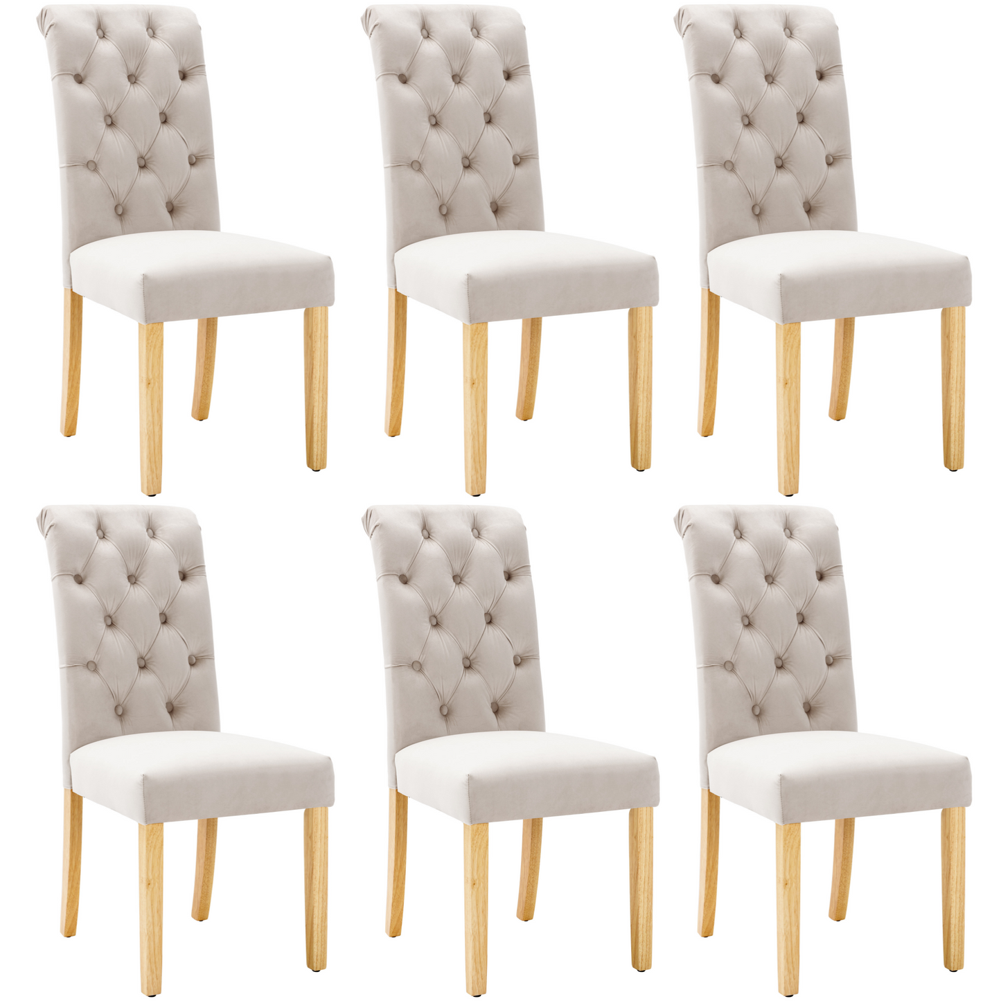 Velvet Dining Chairs Set Of 6 With Oak Legs, Knob, Chrome Knocker Bedroom Chair Kitchen Chair Living Room Lounge Leisure Chair, Beige