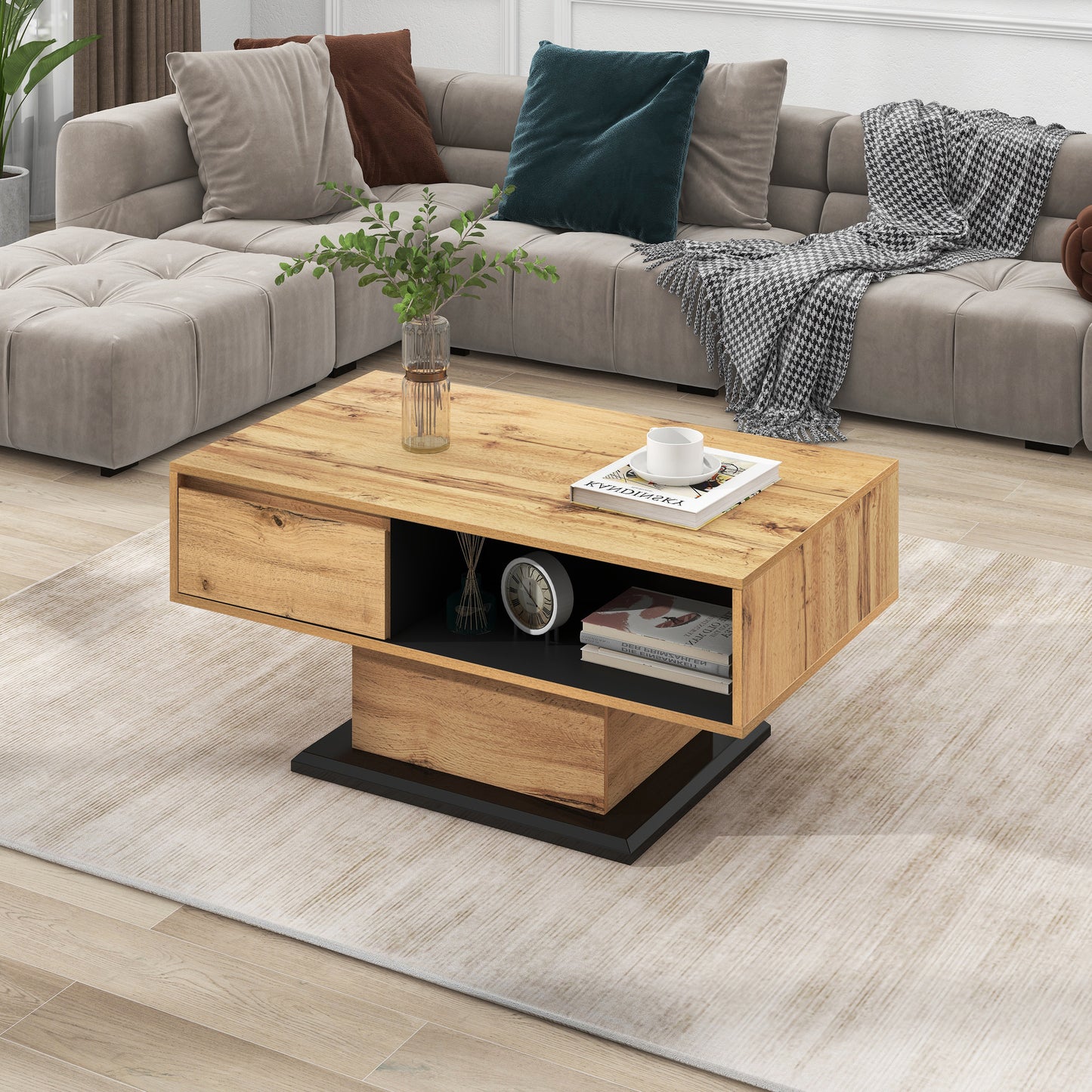 Wood Grain Coffee Table, With A Handleless Drawer, A Storage Compartment And Rear Storage Compartment, Double-sided Storage. Office, Living Room Coffee Table, Large Storage Space.