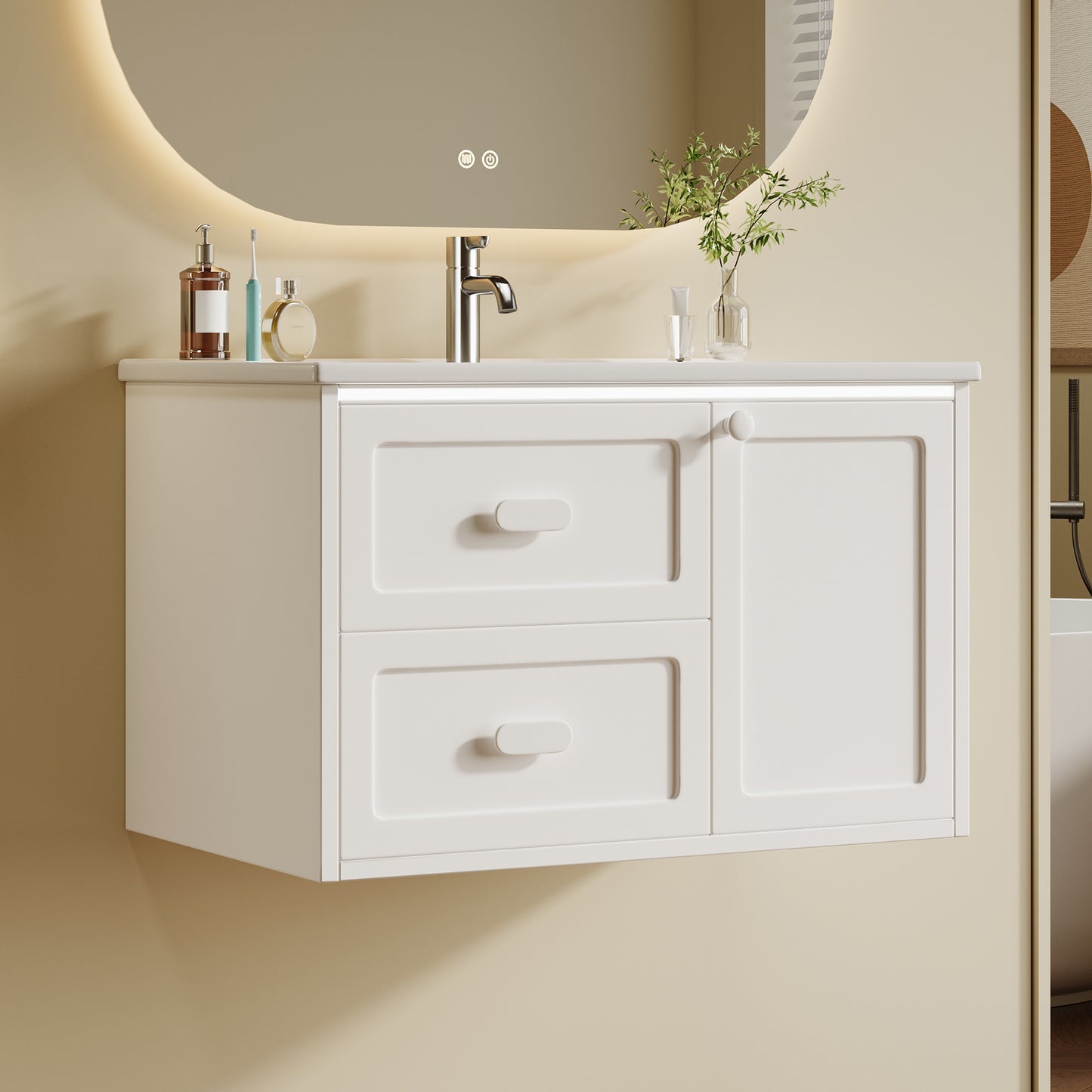 76x46x51cm Bathroom Wall Cabinet, Fully Painted, LED R Adar Sensor Lighting, Two Drawers, Quiet Sliding Rails, Integrated Washbasin, White