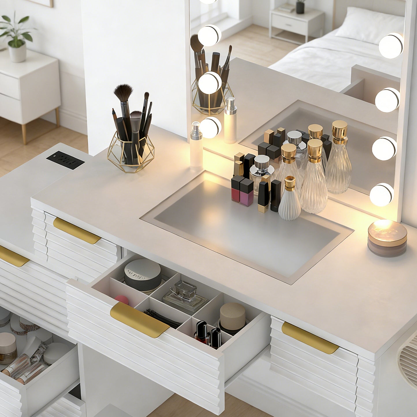 Makeup Vanity Desk With Mirror Lights Glass Tabletop 3 Lighting Modes Adjustable Vanity Table Modern Makeup Desk With Chair Power Outlet And 6 Drawers For Bedroom