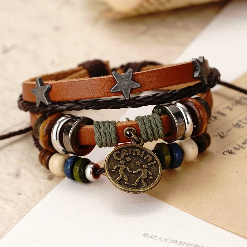 1pcs Multi-Layer Braided Leather Wooden Bead Star Zodiac Charm Adjustable Bracelet, Retro Boho Ethnic Style, For Men Women Daily Campus Travel & Constellation Holiday Gifts