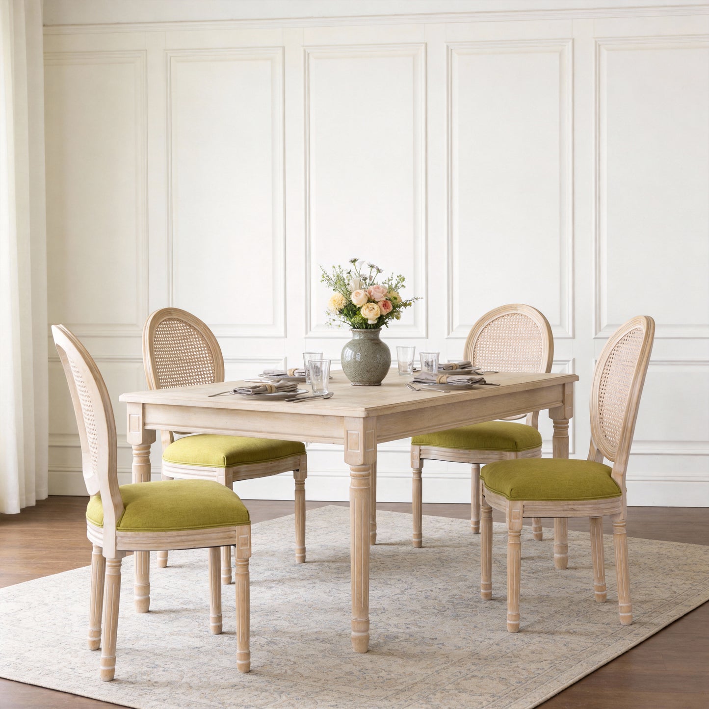 French Country Dining Chairs Set Of 2, Upholstered  Chairs With Nature Rattan Round Back, For Living Room, Kitchen , Restaurant Use, Green