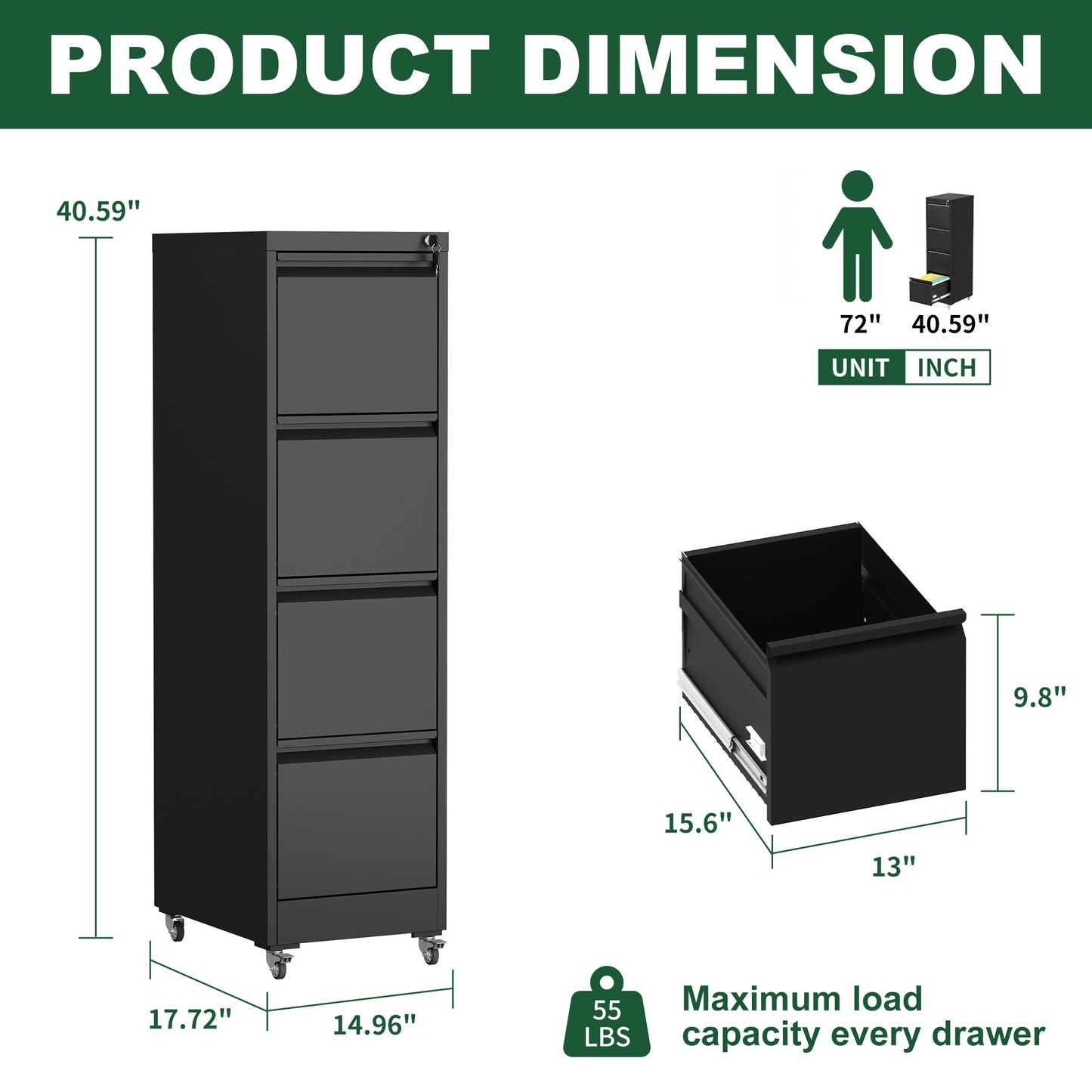 4 Drawer Metal Locking Vertical File Cabinet On Wheels -Heavy-Duty Lockable Cabinet For Home & Office, Black, 17.71 Dx15.16 Wx52.28 H,Black