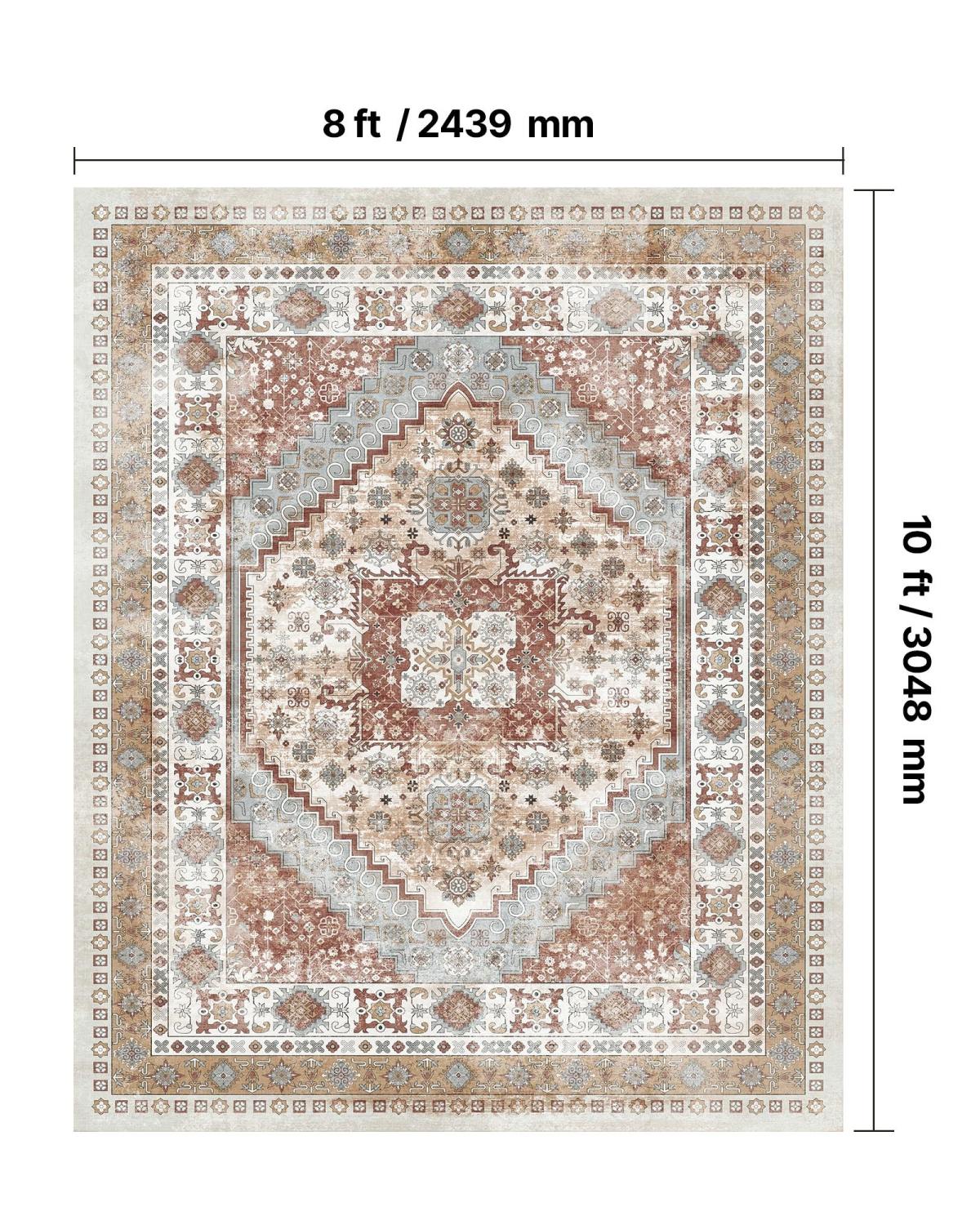 Area Rug, 8 X 10 Ft Large Washable Rug, Non-Slip And Tear-Resistant Soft Carpet, Pet Friendly Vintage Area Rugs, Indoor Mat For Bedroom, Living Room, Office, Brown Red