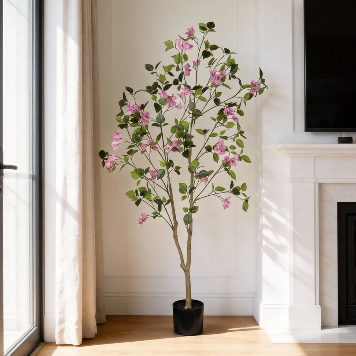 5FT Artificial Bougainvillea Tree with Black Plastic Pot, Realistic Fake Flowering Tree for Indoor Home Office Decor, Potted Faux Plant, 1pc/set