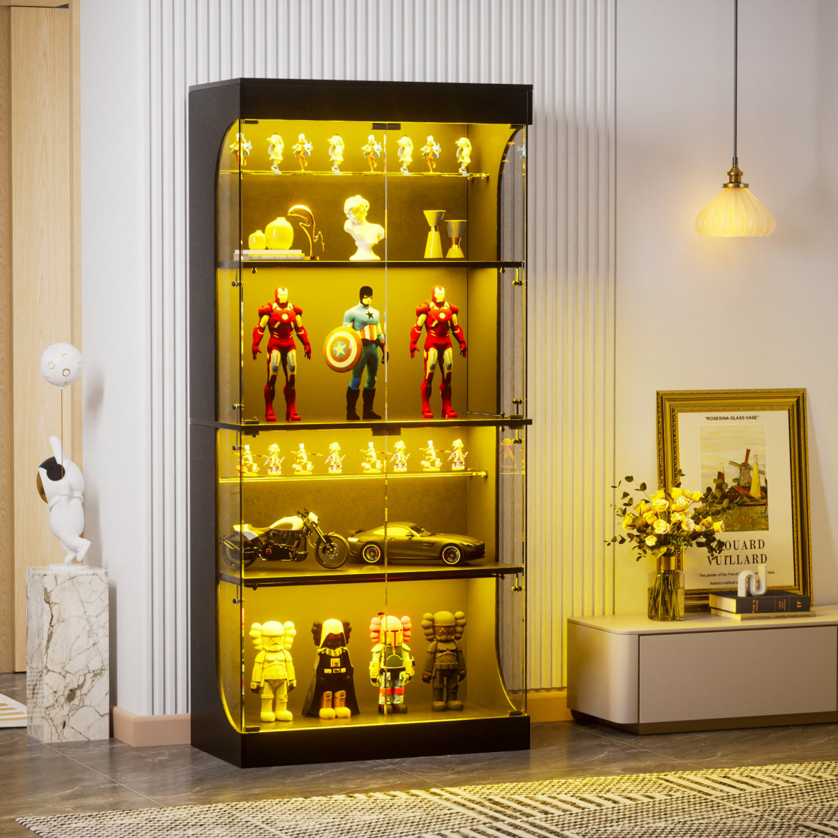 Four-storey Glass Display Case With Storage Space, LED Lighting, Glass Doors And Smart Sensors. Suitable As A Dustproof Glass Cabinet For Living Rooms, Bedrooms And Offices. Black. 80x35x165cm