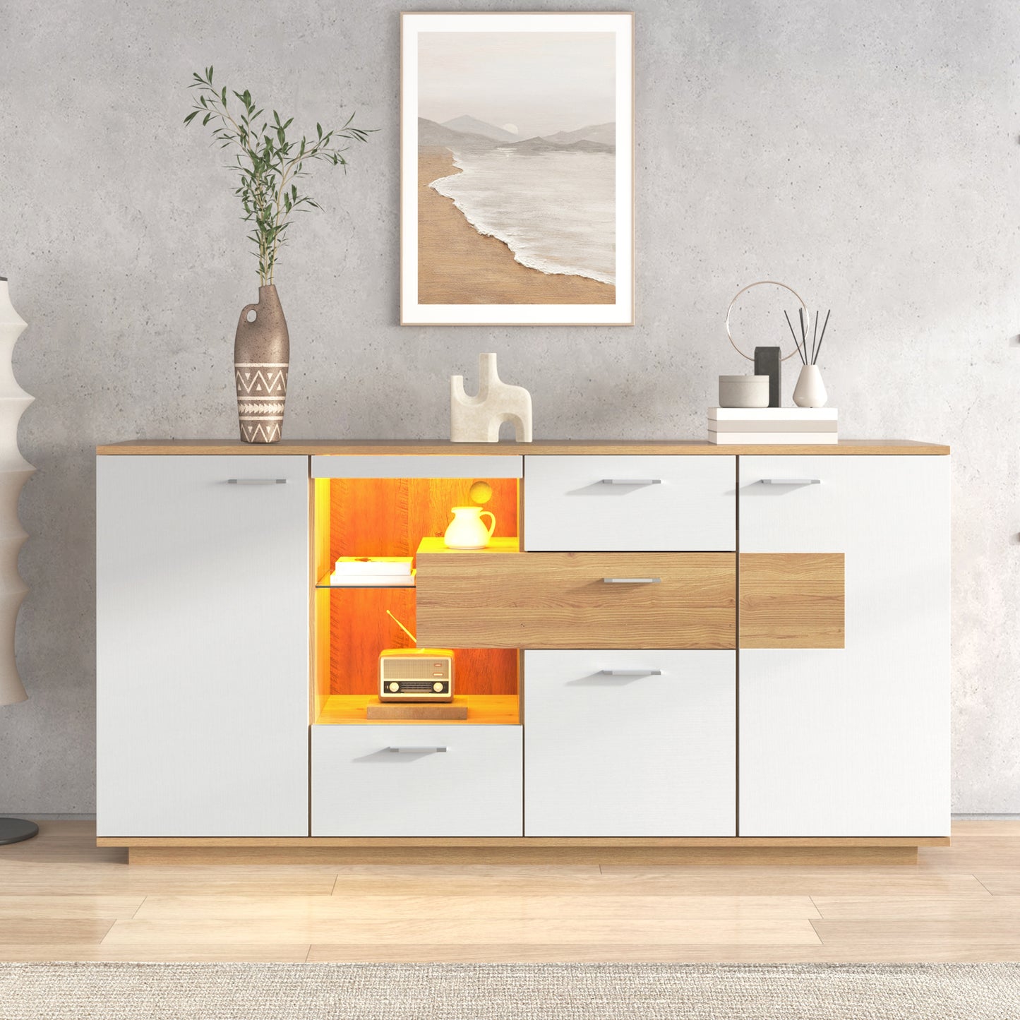 Modern Sideboard Cabinet With Plenty Of Storage Space, With LED Lighting, 160x40x77cm, 2 Doors, 4 Drawers, Glass Shelf, Wood Look, White, Living Room Furniture, Organizer, Chest Of Drawers, Multi-purp