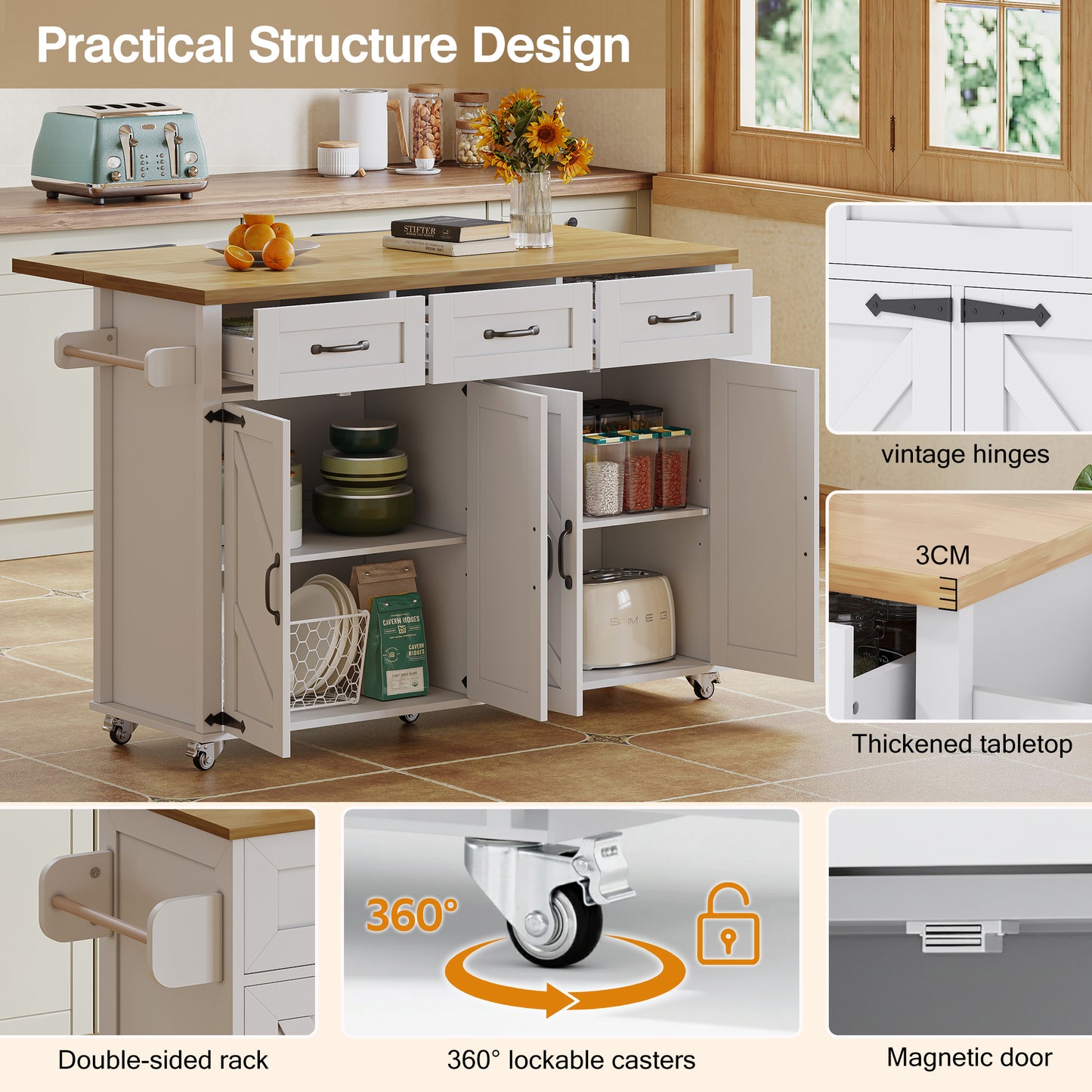 Kitchen Island On Wheels, Rolling Storage Trolley With Foldable Tabletop, 5 Lockable Wheels, 4 Doors, 3 Drawers, Double-sided Storage Racks, Towel Holder, Barn Style Design, White, 140x43 70 X90.5 Cm