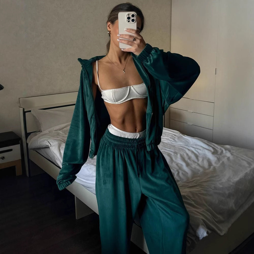 New Casual Womens Set Solid-color Long-sleeve Zip-up Cardigan And Sweatpantstwo-piece Set