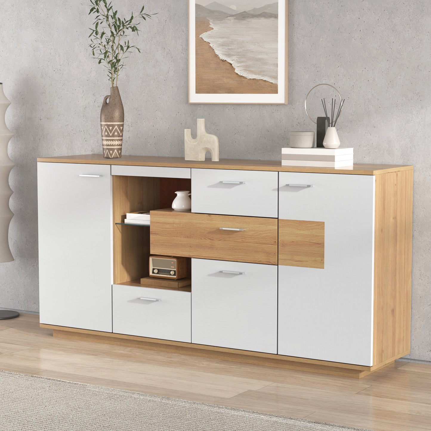 Modern Sideboard Cabinet With Plenty Of Storage Space, With LED Lighting, 160x40x77cm, 2 Doors, 4 Drawers, Glass Shelf, Wood Look, White, Living Room Furniture, Organizer, Chest Of Drawers, Multi-purp