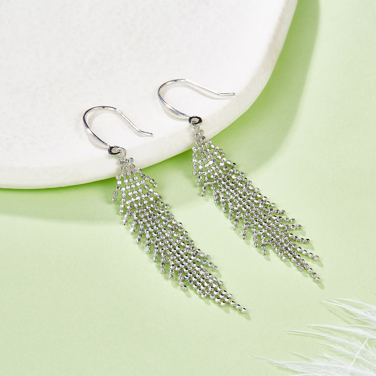 S925 Sterling Silver Tassel Dangle Earrings 59.8mm Long 2g Lightweight Mesh Bead Flowing Design Platinum Gold Rose Gold Plated Gift Box
