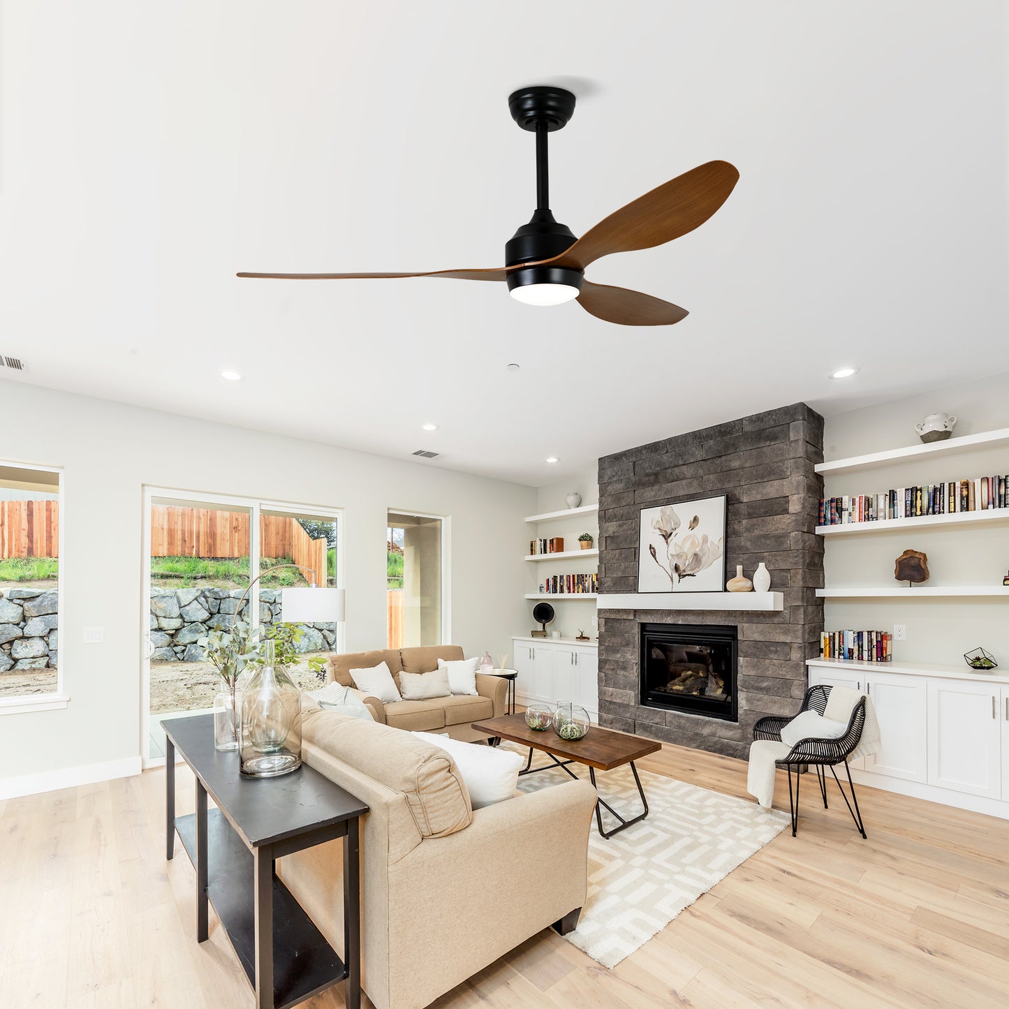 52  Ceiling Fan With Lights Quiet DC Motor 3 ABS Blade Ceiling Fans 6 Speed Levels,Reversible Ceiling Fan, For Patio Living Room, Bedroom, Office,Indoor.  Matte Black   Wood Gain