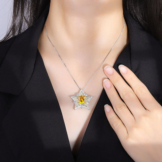Light Luxury Star Pendant Necklace For Women, Square Cut Honey Yellow Tone Simulated Zirconia Full Pave Rhinestone Thin Snake Chain Clavicle Chain Elegant Business Party Accessories