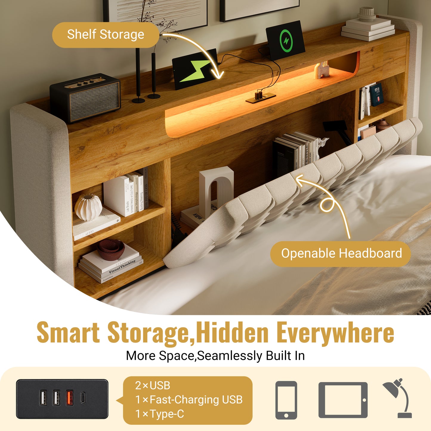 Upholstered Bed 90x200cm With Hydraulic Bed Storage & LED Lighting, Bed Frame With USB Type-C Charging Function, Headboard With Shelf & Storage Space, Linen Fabric, Beige Without Mattress