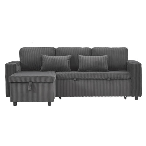 3 In 1 Convertible Corduroy Sofa Bed With Storage Chaise, L Shaped Sleeper Sofa Couches With Armrest Storage And Charging Station. Pullout Sectional Daybed For Living RoomBedroomOffice, Grey