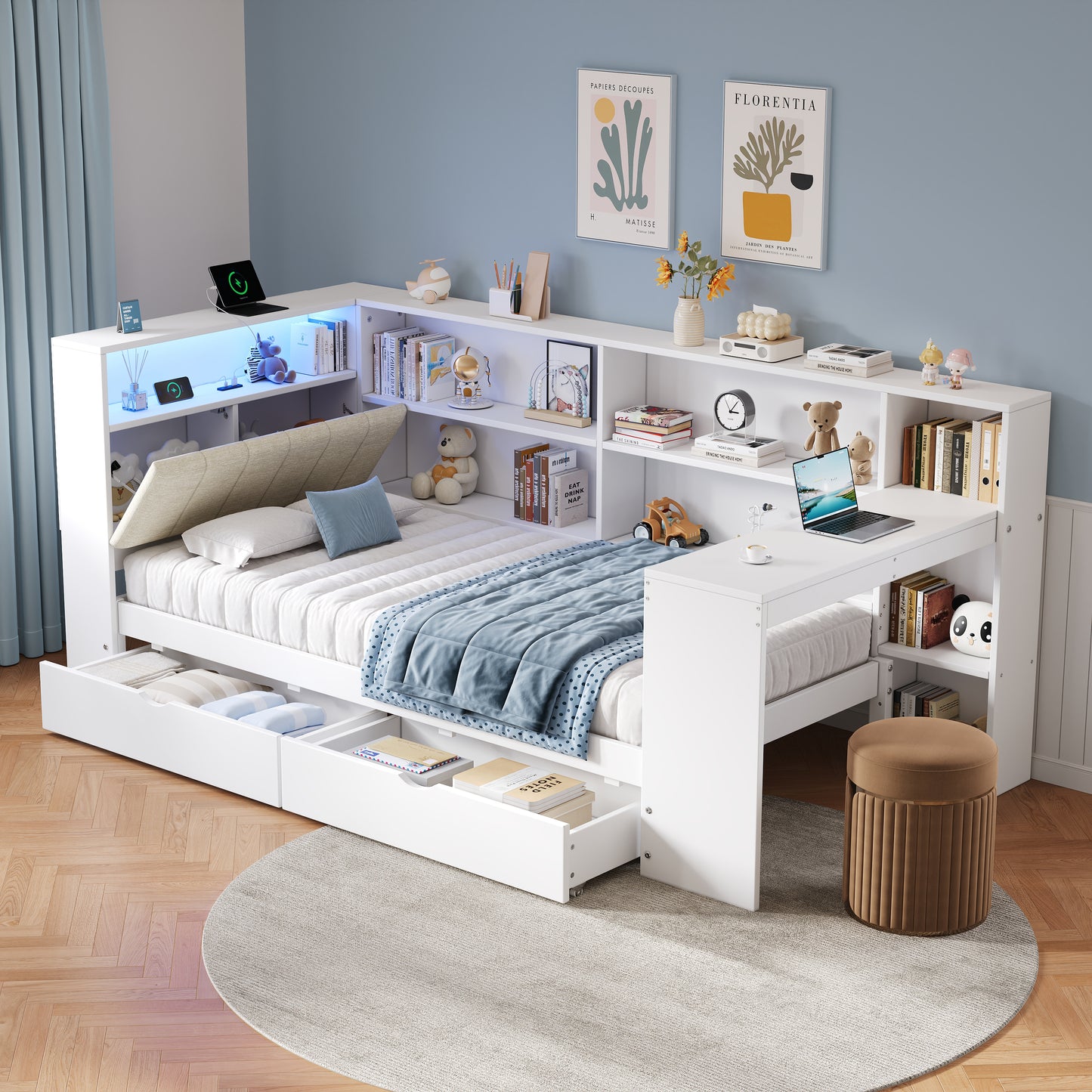 3ft Single L-Shape Daybed With Storage Drawers And Bookcase Storage, LED Linen Concealed Headboard Storage With Charging Station, Wood Bed For Living Room Bedroom Study Room, White  No Mattress