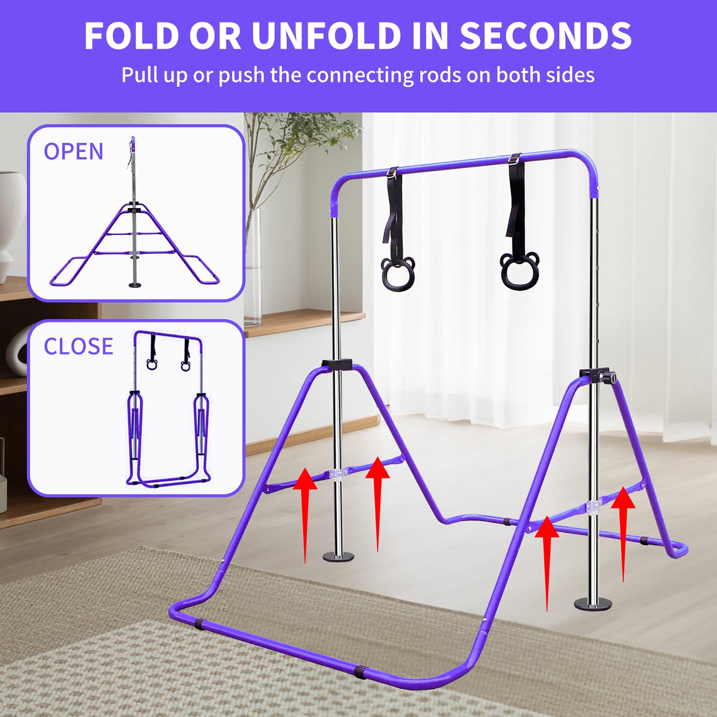 Children's Gymnastics Bar, Height Adjustable From 88.9 -- 129.54 Cm, Convenient For Storage, Non-slip, Suitable For Home Outdoor Training For Beginners And Young Athletes, Purple.