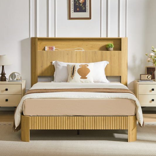 Full Extra Long Full XL  Size Bed Frame With Storage Headboard, Built-in Charging Station, Wavy Curved Lines Design, Silent Operation, Metal Support, Natural