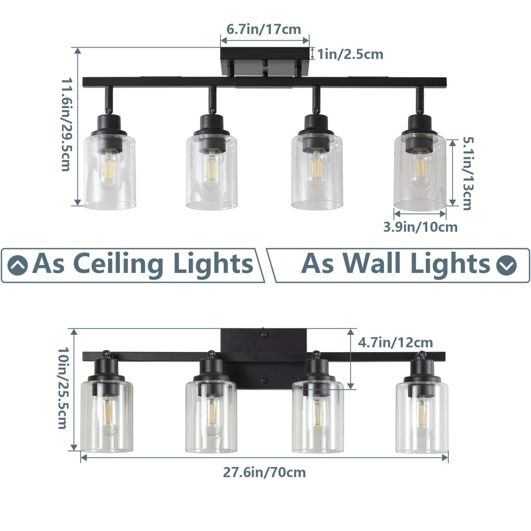 4-Lights Track Lighting Fixtures Ceiling With Clear Glass Shades, Modern Black Semi Flush Mount Ceiling Light, Rotatable Wall Mount Ceiling Lamp For Kitchen Hallway Bedroom Bulb Not Included