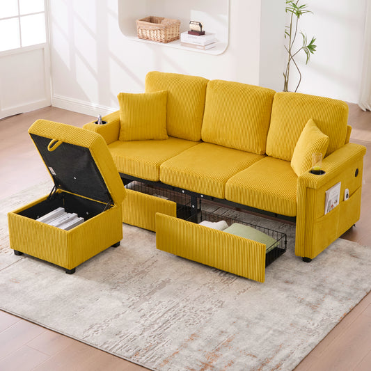 High-quality Velvet Sofa With LED Lighting & USB-C Port, Including Storage Footboard, Practical Cup Holders And Side Pockets  Premium Quality For The Living Room, Bedroom Or Office.