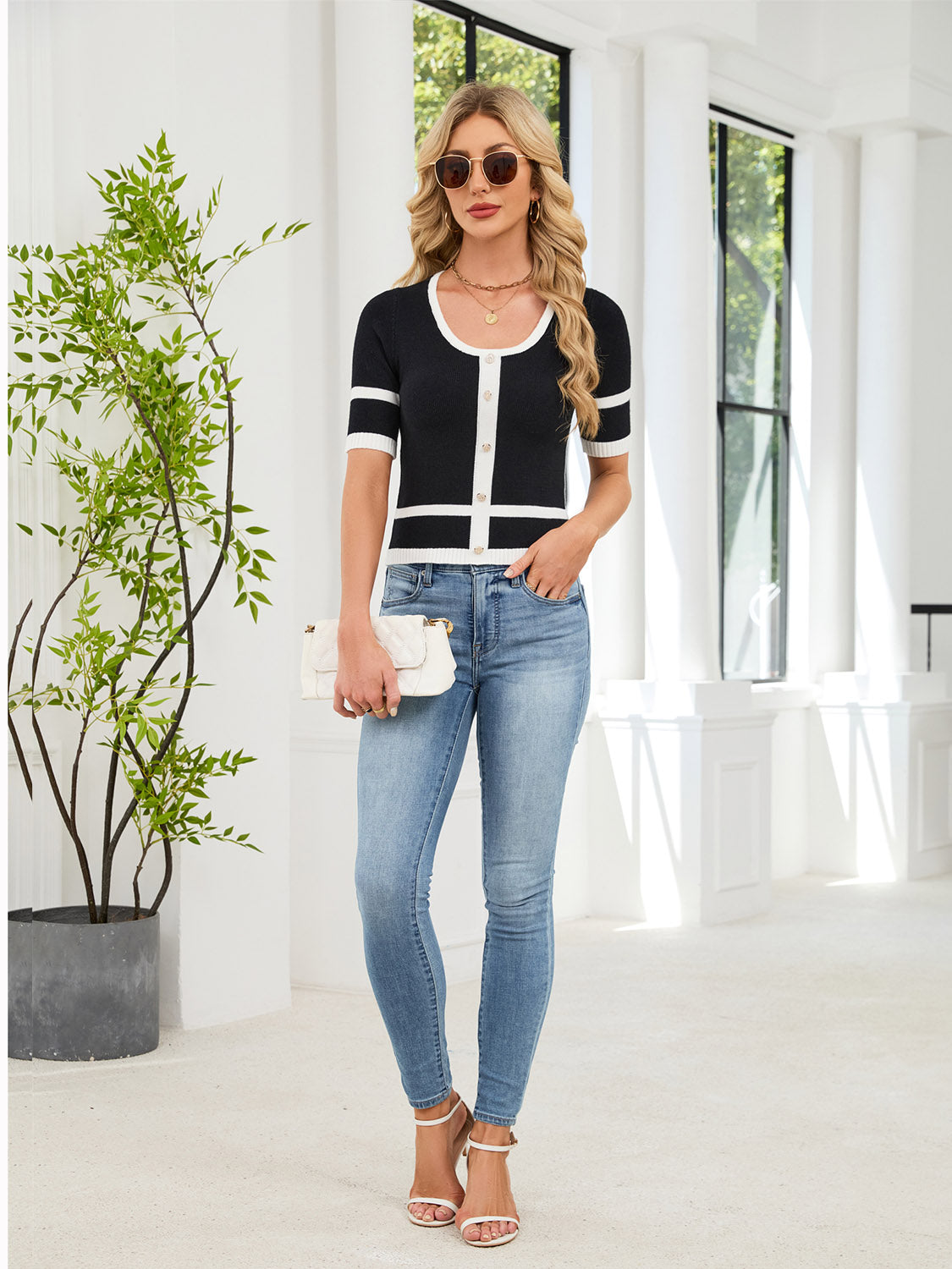 2026 Spring Summer New Pullover Two-Tone Knit Top, Elegant Waist Slimming Workwear Versatile Tweed Style Knit Sweater For Women