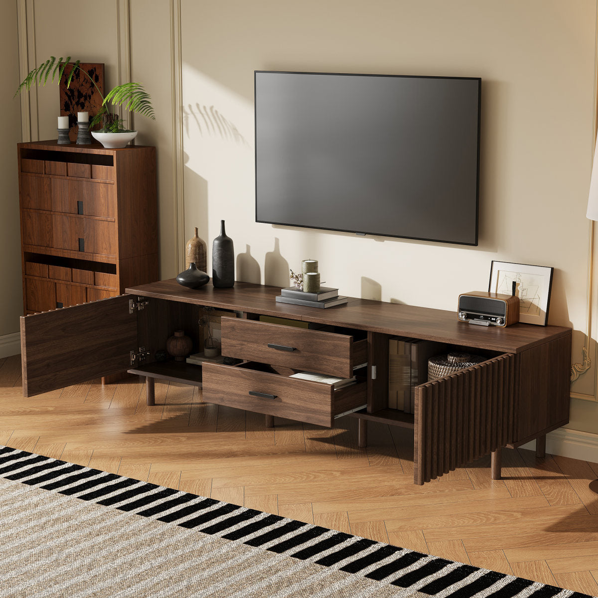 70inch Modern TV Stand for TVs up to 80 inches for Living Room, Media Entertainment Center with Ample Storage & Solid-Wood Legs