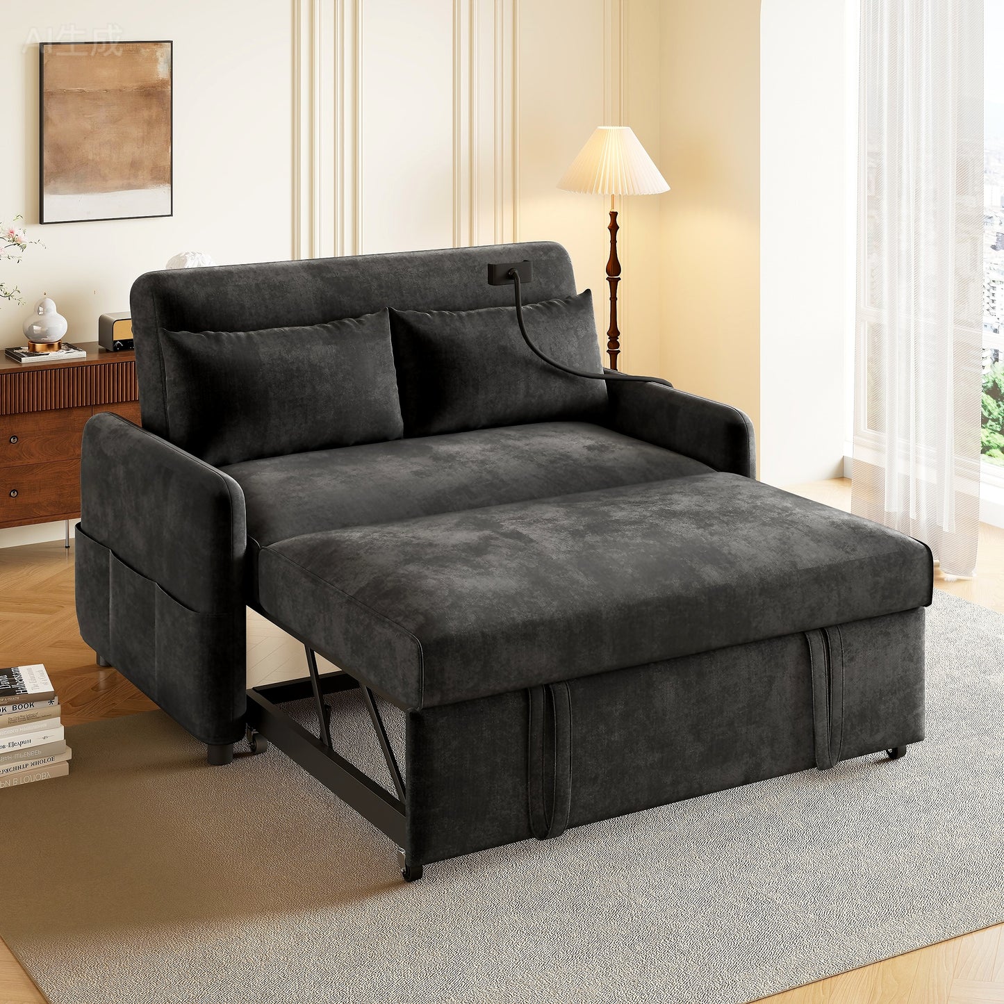 Modern Double Folding Sofa Bed, Multifunction Sofa With Sleeping Function, Adjustable Backrest, Mobile Phone Holder, USB Charging Port, Suitable For Living Room, Bedroom, Home Theater Apartment