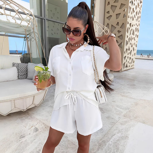 Womens Fashion Casual Short-sleeve Top And Shorts Two-piece Set
