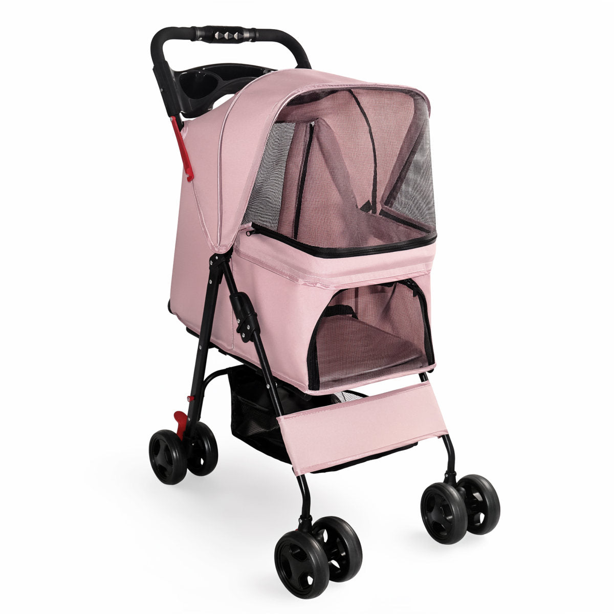 Foldable Pet Stroller for Small Dogs and Cats Under 28 lbs with Multi-Functional Tray, 2 Safety Leashes, Storage Basket & Breathable Mesh, 4 Wheels Pet Stroller, Pink