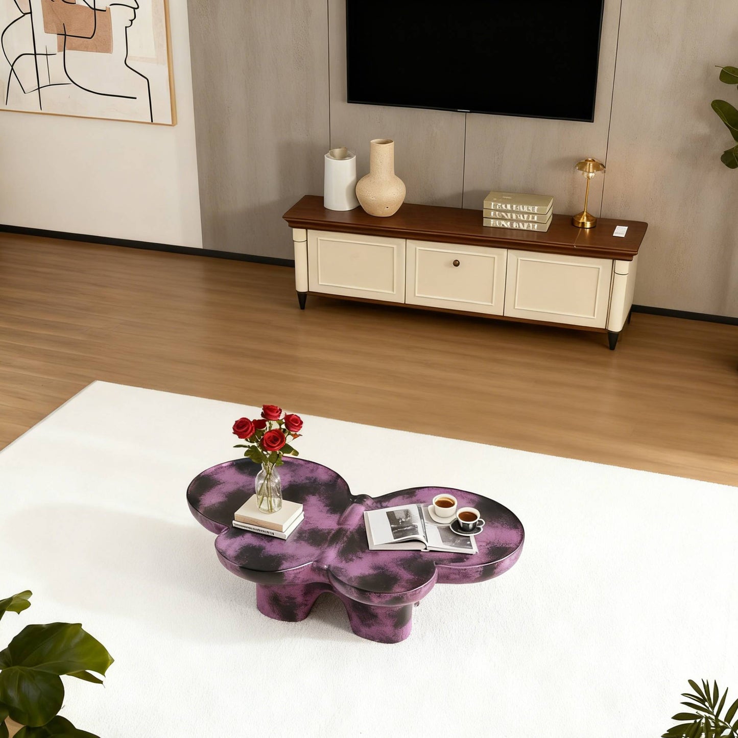 Modern Coffee Table Faux Travertine Textured For Livingroom Office,Purple    Black