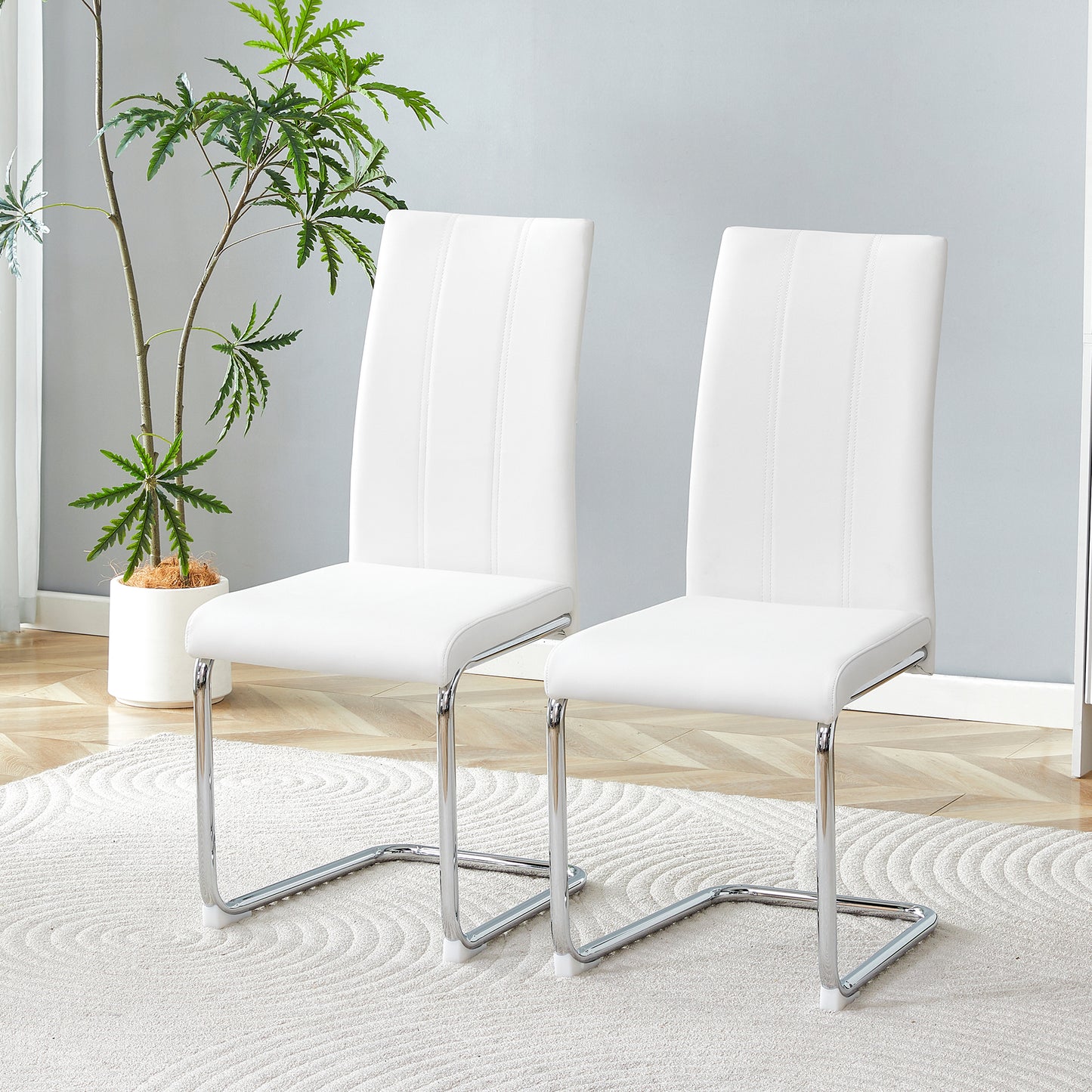 4-Pack White PU Upholstered Dining Chairs - Modern High-Back Side Chairs With Sturdy Chrome-Plated Iron Tube Legs For Dining Room, Kitchen & Living Room