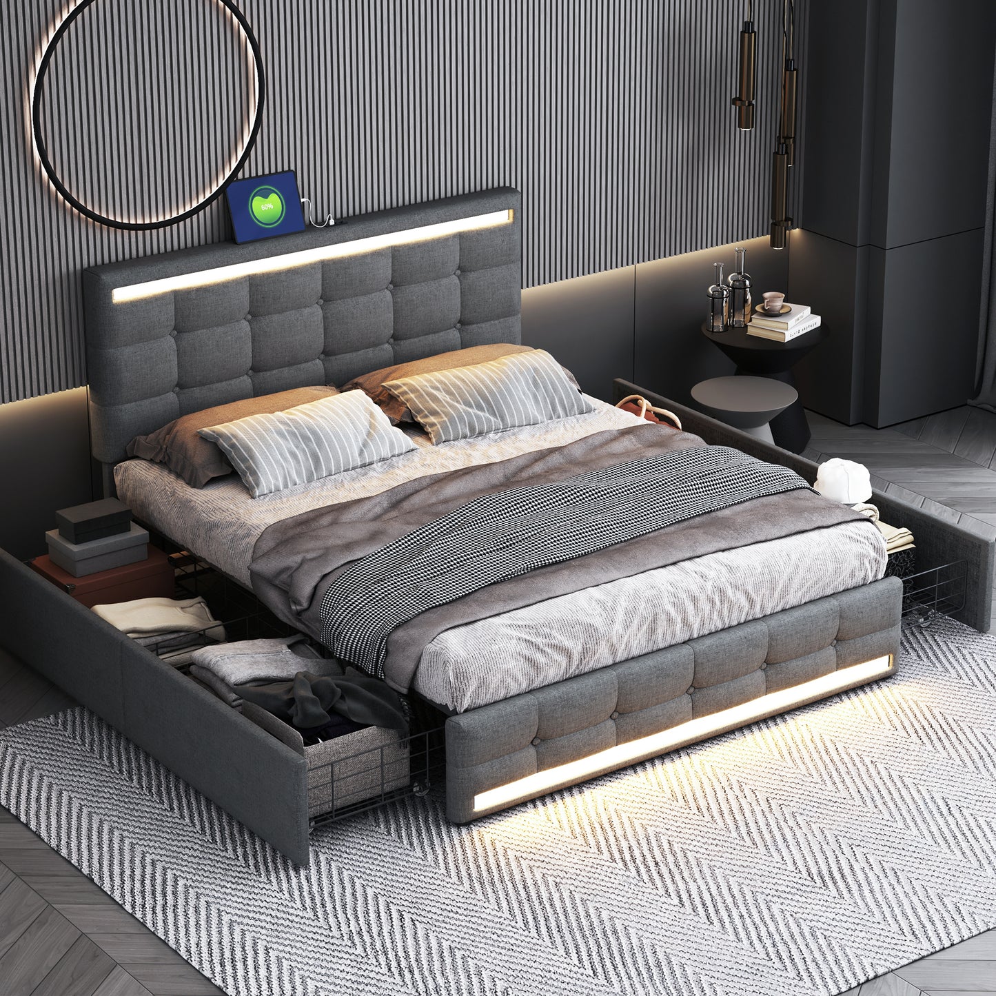 Upholstered Bed 140x200 LED Upholstered Bed With 4 Drawers And 2 USB Charging Stations, Bed Frame With LED Headboard Footboard, Upholstered Platform Bed With Storage, Linen Fabric Grey