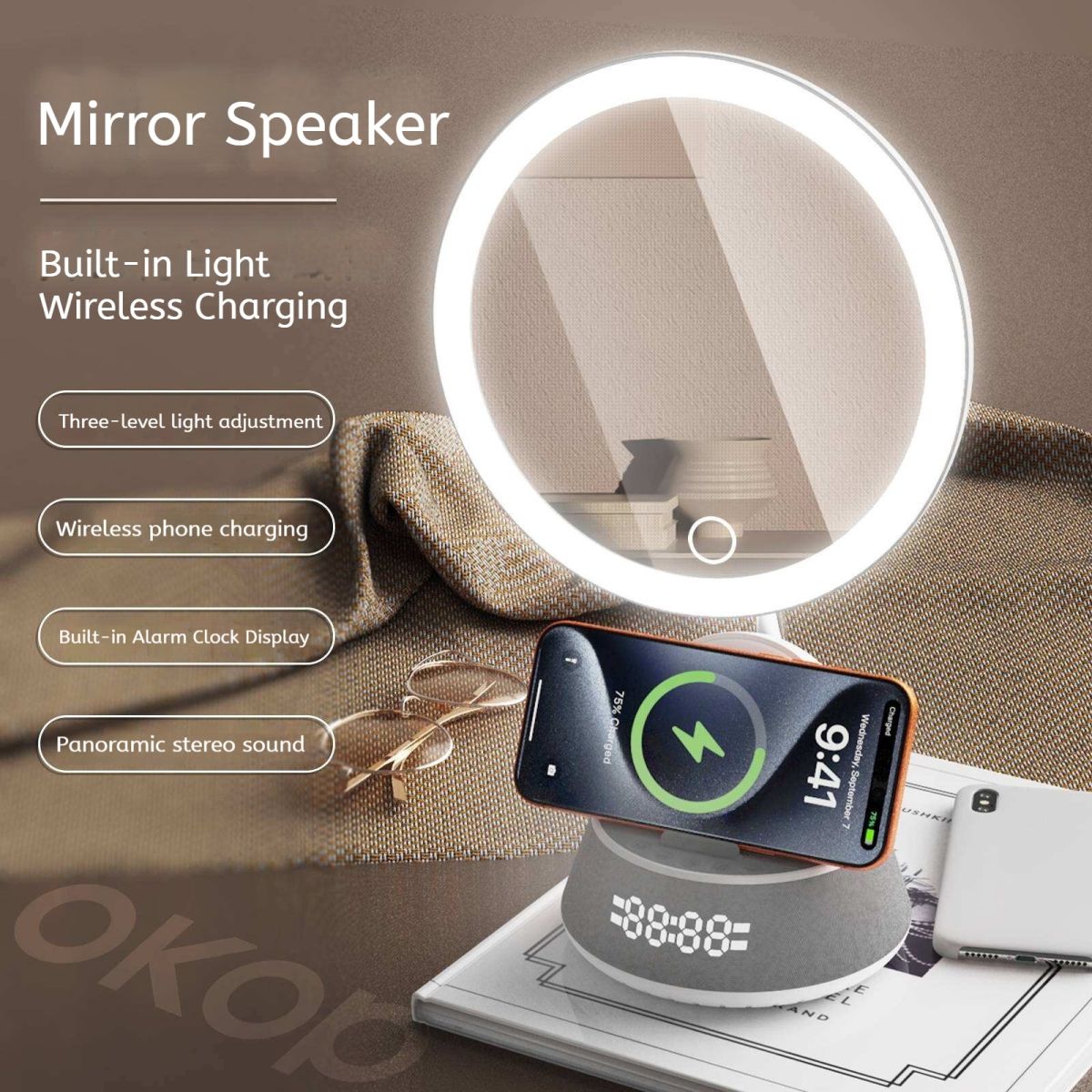 KP-856 Smart Magnetic Makeup Mirror With Wireless Charging And Fill Light Clear Sound Output Bluetooth Speaker