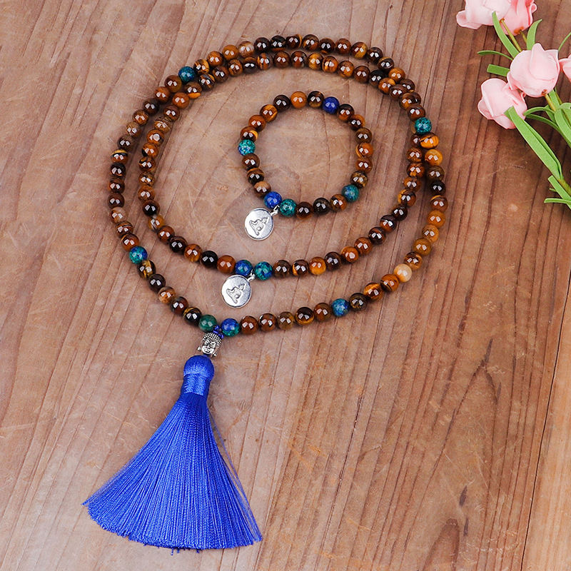 Tiger Eye Stone Bead Necklace Handmade Buddha Head Yoga