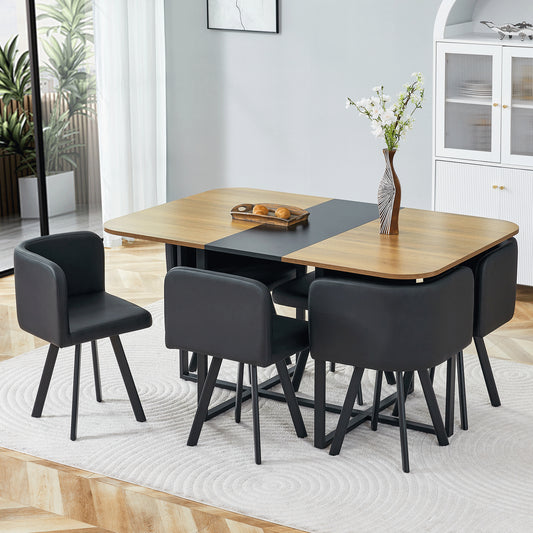 7-Piece Dining Table Set For 6, 1 Table & 6 Black PU Upholstered Chairs, Black & Wood Grain Melamine Table, Modern Kitchen Nook Set For Dining Room, Apartment & Small Space