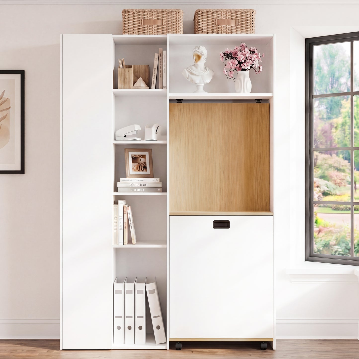 Folding Desk With Shelves  2-in-1 Bookshelf And Desk, Foldable, With Power Outlet And USB Port, Height-adjustable Shelves, Anti-tip Device, White Desk, Corner Desk Left