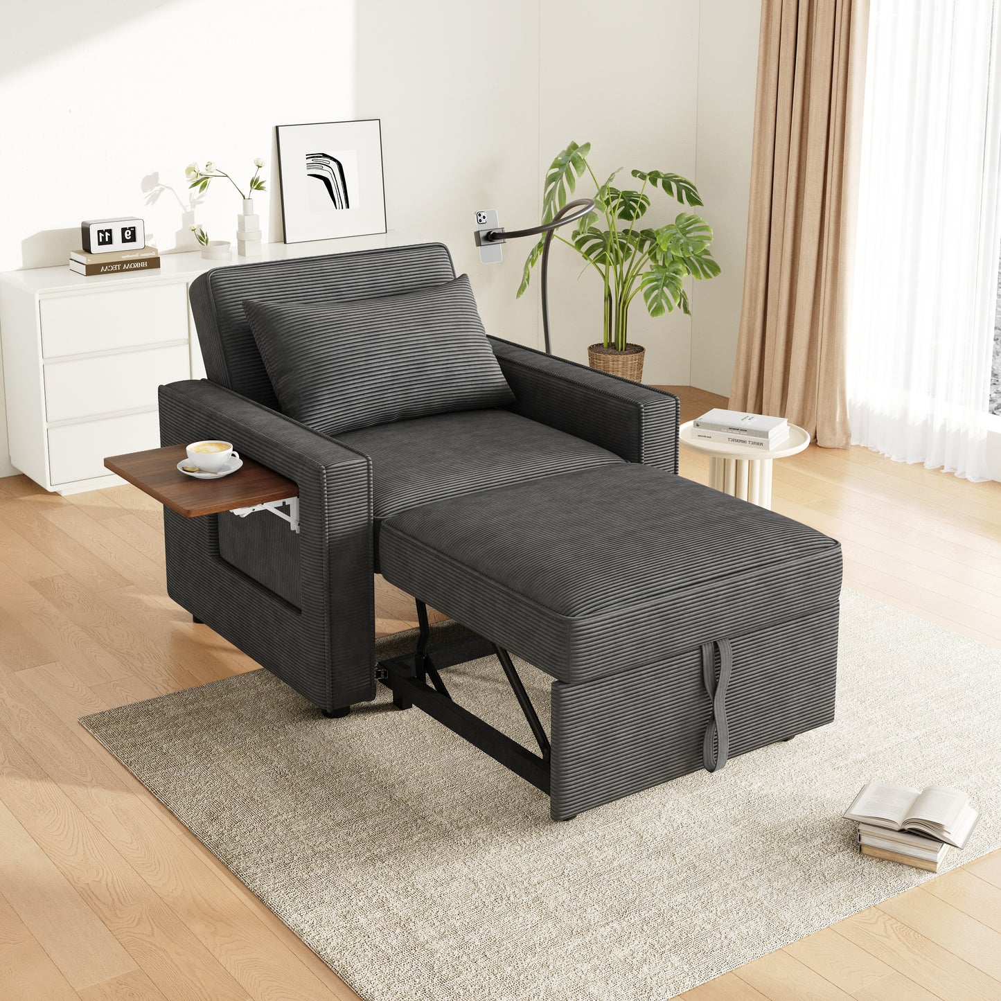 Multifunctional Foldable Sofa Bed With USB Charging Port And Mobile Phone Holder, 1 Seater Recliner Sofa Bed Convertible, Space Saving For Living Room And Bedroom, Corduroy Fabric, Gray