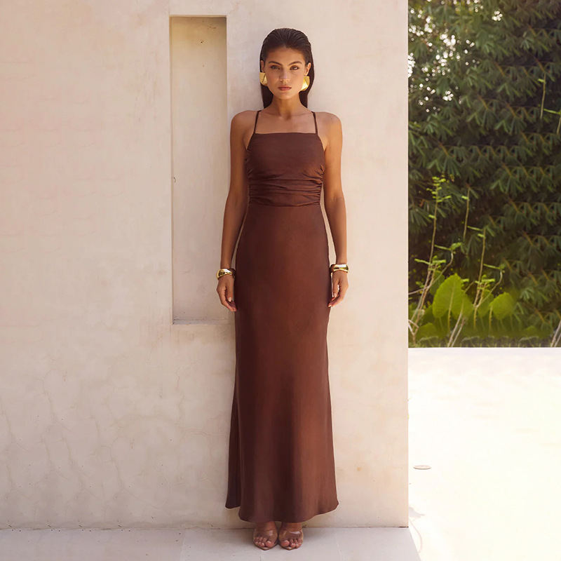 Korean-style Minimalist Slip Dress Backless Lace-up Long Skirt