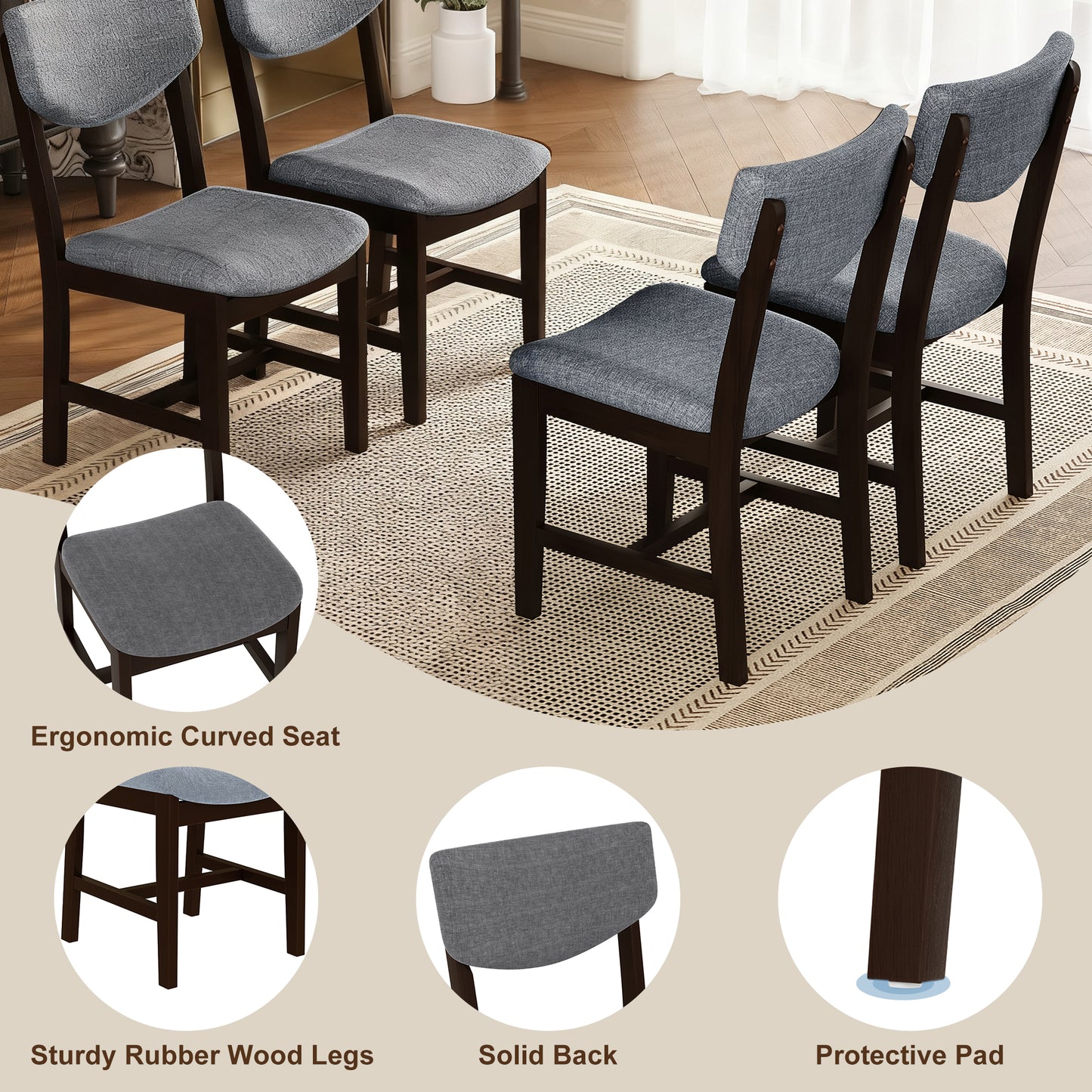 4-Piece Rustic Farmhouse Dining Chair - Solid Wood Frame With Gray Fabric Cushion, Upholstered Accent Chair For Kitchen, Dining Room, Living Room, Espresso