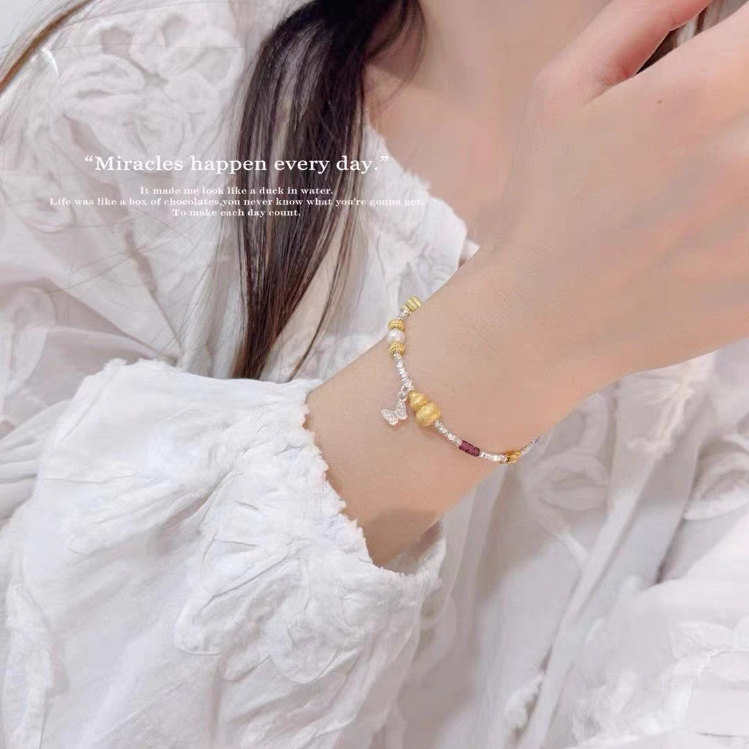 1pc 999 Sterling Silver Chinese Style Charm Bracelet, Gourd & Butterfly Design, Perfect For Daily Wear And Valentine's Gift