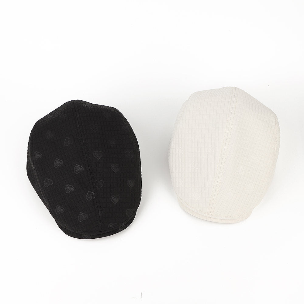 Women's Textured Grid Pattern Dotted Heart British Retro Style Short Brimmed Forward Hat Suitable For Outdoor Outings And Daily Commutes