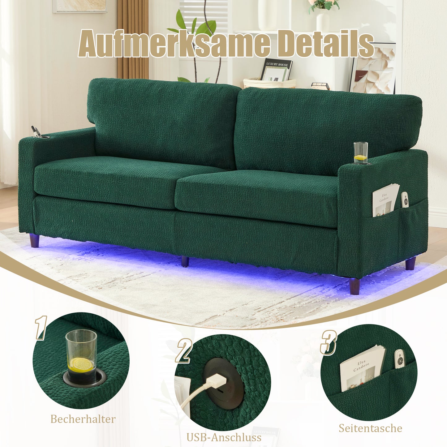 Modern 2-person Chenille Sofa With USB-C, LED Ambiance, Cup Holders And Side Pockets. Wood Metal Frame With Comfort Foam. Ideal For Living Room, Bedroom Or Office. Emerald