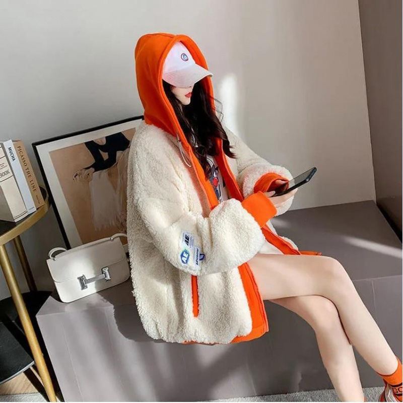 Korean-style Loose-fitting Hooded Color-block Patchwork Fleece Coat For Women