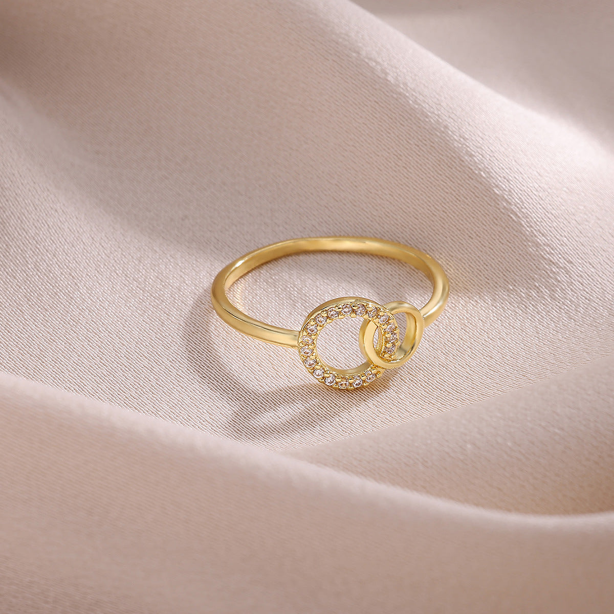 Korean-style Simple Graceful Geometric Diamond-embedded Round Double-ring Buckle Ring