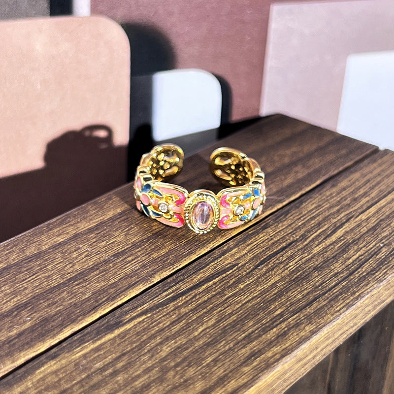 Sweet Edgy Multicolored Glaze Flower Rings Viral Popular Retro Ladies Jewelry Gift