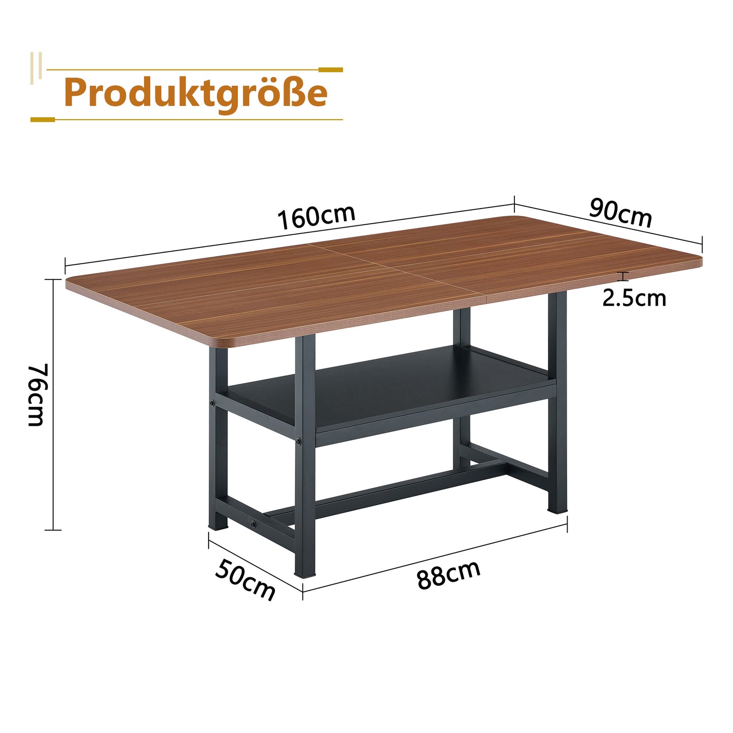 Rectangular Dining Table In Industrial Design In Walnut Colour, 160x90x76 Cm, For 4-6 People, With Multifunctional Storage Shelf And Black Metal Legs. Suitable For Living Room, Kitchen And Dining Area